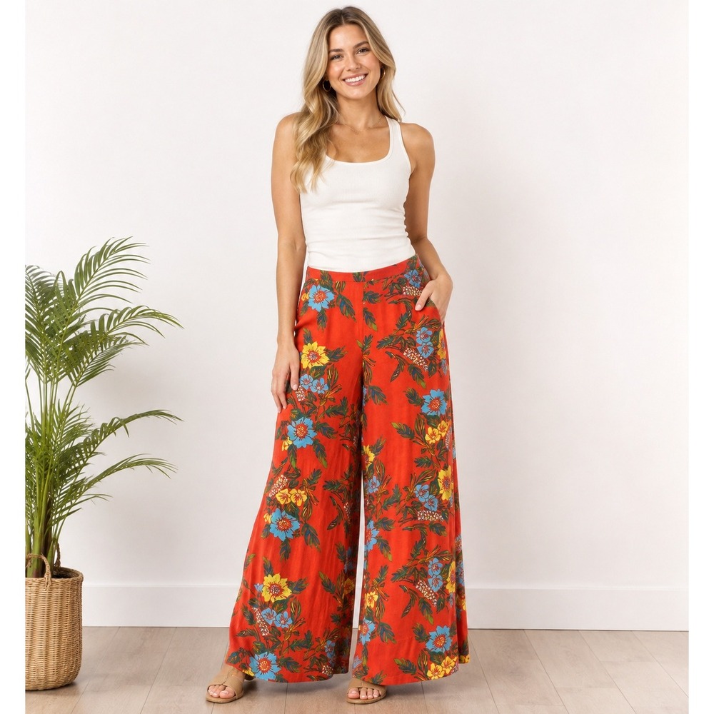 Free People Red Floral Wide Leg Pants